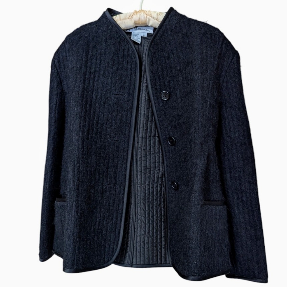 Rare Vtg Mr. Beene Mohair Wool Blend Blazer Coat Quilted Silk Lined 80's Black 6